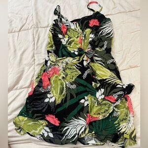Express Green and Pink Leaf Pattern Dress